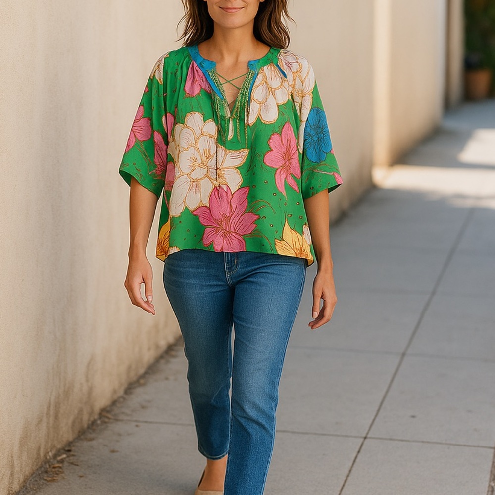 Munny Viscose Lightweight 1/2 Sleeves Floral Summer Blouse Sz S preppy feminine